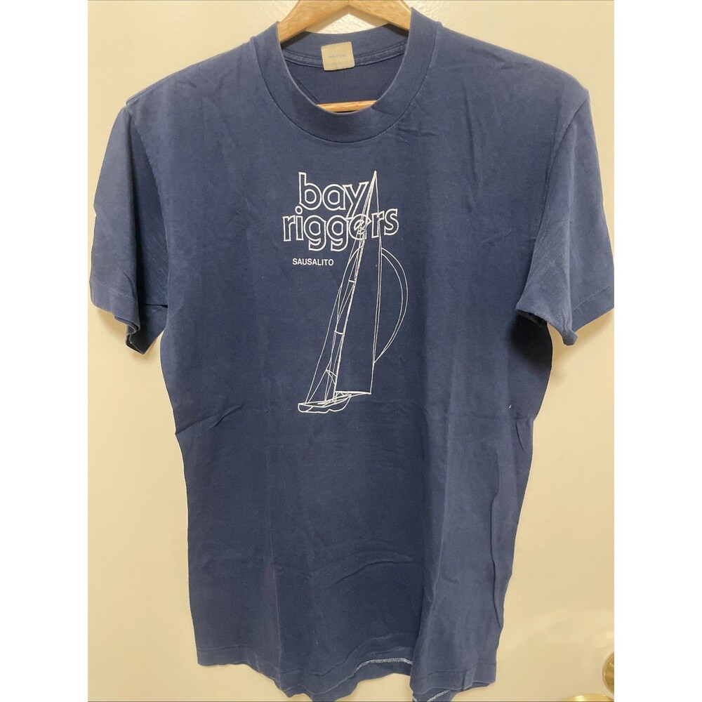 VINTAGE SAUSALITO Bay Riggers Sailing Single Stitch T Shirt 80s Blue L Yacht
